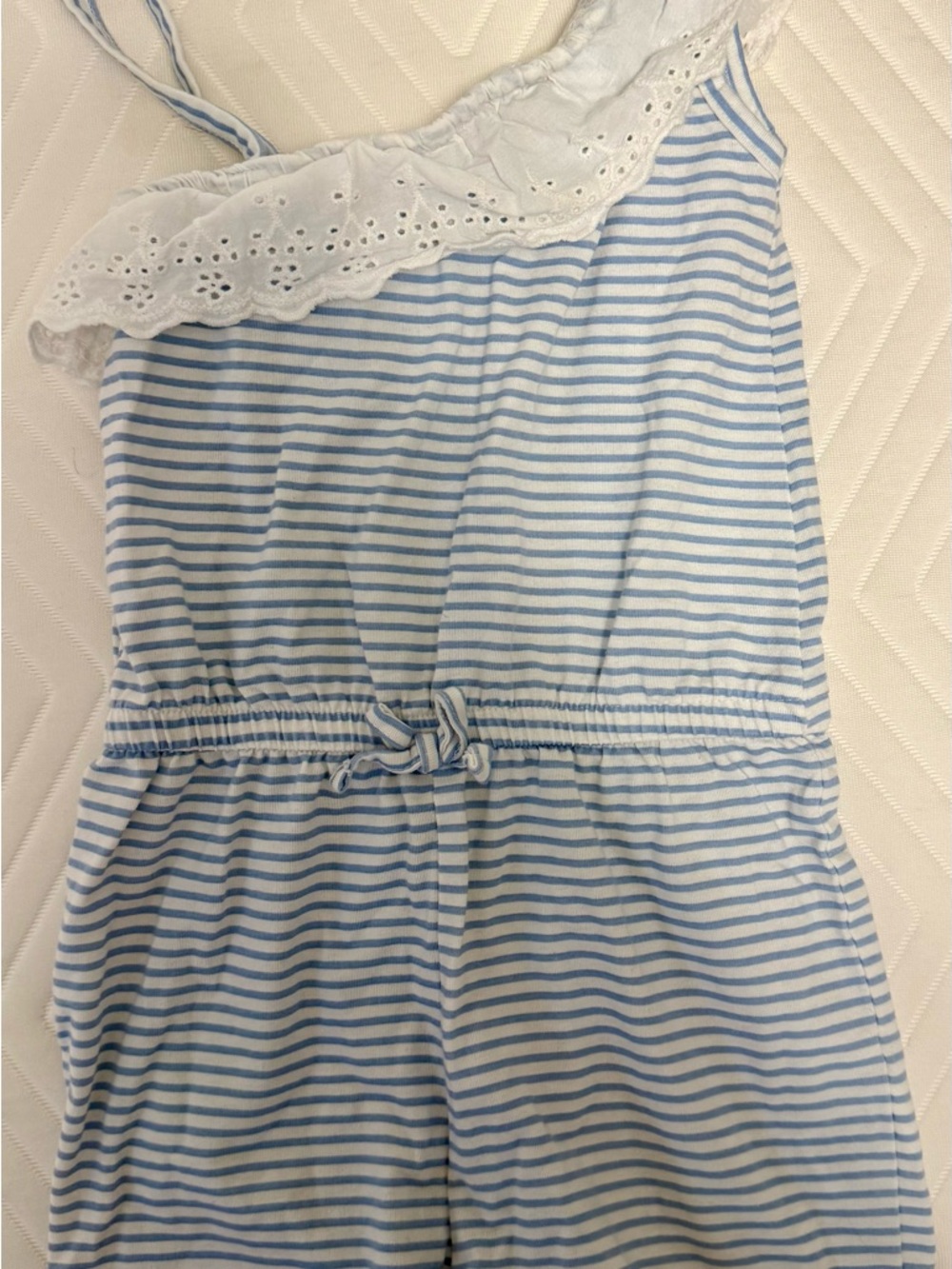 Blue & White Striped Girls' Romper with Eyelet Trim